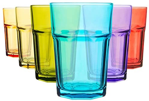 Rink Drink Coloured Highball Glasses - 365ml - Set of 6 Drinking Glasses Dishwasher Safe Highball Cups Multicolour Stackable Drinkware for Celebration, Parties