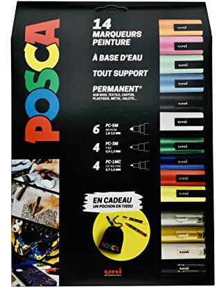 POSCA - Uni Mitsubishi Pencil - Maxi Pack Multi-Pointes - 14 Marqueurs Peinture à Base d'Eau - Tout Support - Couleurs et Pointes Assorties - Pochon Offert
