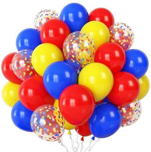 55 Pack 12 Inch Matte Blue Yellow Red Helium Balloons with Confetti Latex Balloons for Kids Baby Shower Wedding Carnival Party Decoration Supplies