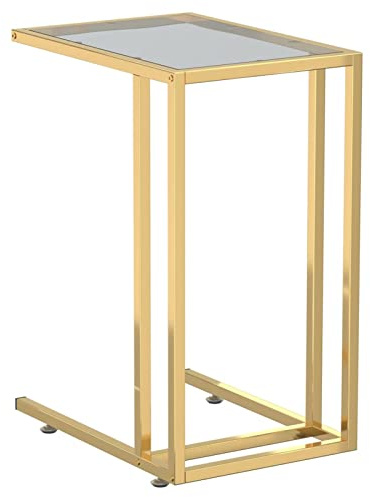 Gecheer Beistelltisch C-Form, Couchtisch Glas, Laptoptisch, Kaffeetisch Sofatisch Schwarz und Gold 50x35x65 cm