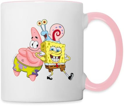 Spreadshirt SpongeBob Schwammkopf Mit Patrick & Gary Tasse Zweifarbig, One size, Weiß/Pink