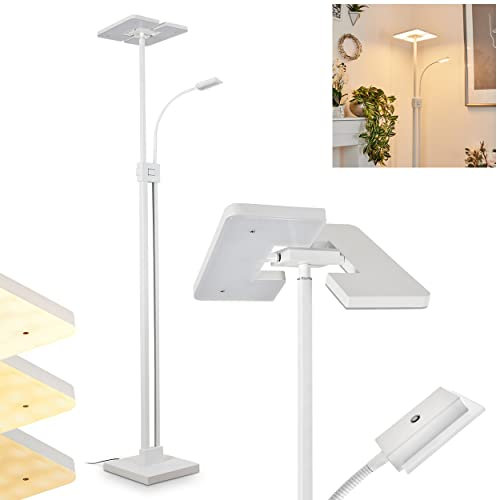 LED Stehleuchte Janze, dimmbare Stehlampe aus Metall/Kunststoff in Weiß, Bodenlampe mit An-/Ausschalter am Gehäuse, Tastdimmer und verstellbarem Lesearm, 26 + 3 Watt, 3500 Lumen (insg.), 3000 Kelvin