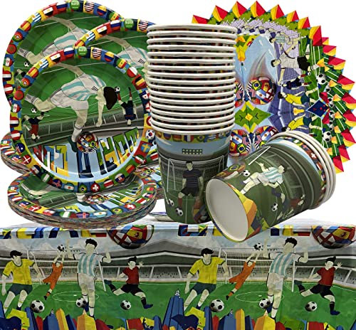 61 Piece Football Birthday Party Tableware, World Cup Party Accessories, Paper Plates Set, Including Tablecloth, Plates, Cups, Napkins for Baby Shower, Weddings, Anniversaries (20 Guests)