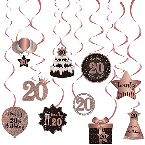 Happy 20th Birthday Party Hängende Wirbel Ströme Deckendekorationen, Feier 20 Folie Hängende Wirbel mit Ausschnitten für 20 Jahre alte Rose Gold Geburtstagsfeier Dekorationen Zubehör