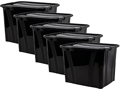 Aufbewahrungsbox + Deckel 5er Set versch. Größen Transportbox schwarz | Lebensmittelbox lebensmittelgeeignet Kunststoffbehälter Lagerbox stapelbar Wäschebox (L 51 x B 38,5 x H 36,8 cm - 55l)
