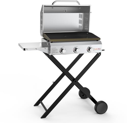 Onlyfire 3-Burner Gas Plancha Portable Gas BBQ with Foldable Stand | Thermometer | Side Table, Stainless Steel Flat Top Grill Griddle for Outdoor Cooking Camping Tailgating |7 KW