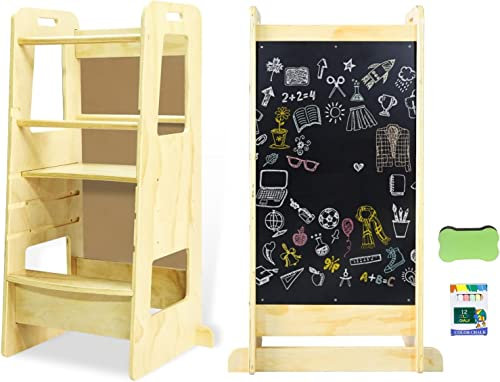 Torre de Aprendizaje Montessori de Madera Natural -Torre de Aprendizaje Parra bebé con Altura Regulable, Taburete Seguro para niños, Torre Montessori con FSC para niños con Pizarra (Camel)