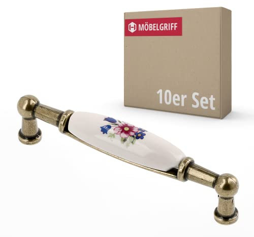 Gedotec Möbelgriff aus Porzellan | 10 Stück | Griffe für Küchenschränke inkl. Befestigungsmaterial | ERNI | Möbelgriffe mit Blume mit BA 96 mm | Türgriffe für Schränke - Schrankgriffe