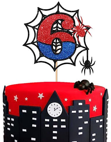 Spider 6th Birthday Cake Topper, Spider Six Cake Topper, Spider-Boy Cake Decor, Superhero Baby Boy Spooky Party Decoration - Blue & Red Glitter