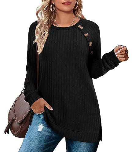 Aokosor Long Sleeve Tops Women Lightweight Jumpers Ladies Button Side Splits Tunic Black Clothes Size 22-24