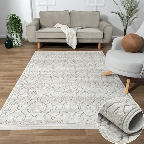 MY-RUG Teppich Nikolai rechteckig Creme 290 x 200 cm Badteppich mit kurzem Floor, Kinderteppich oder Schlafzimmer für robuste Anwendung in Beige Grau für Teppiche Gegend