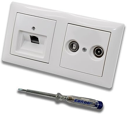 Busch Jäger, Rutenbeck Unterputz Netzwerkdose 10 Gigabit/S (10GbE) KAT6A 6A 1 x RJ45 Anschluss + WISI 2-Loch Durchgangsdose im BJ BalanceSi alpinweiß Design + EBROM Phasenprüfer z. Montage d. Geräte