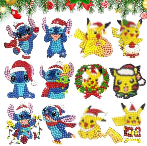 12 Pièces Diamond Painting Enfant Noël, 5D Diamond Painting Noël Autocollants Kits Enfants, DIY Peinture Diamant Cartoon Autocollant, Autocollant de Mosaïque Diamond Art pour Enfants et Débutants