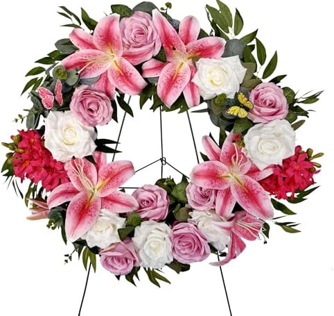HENOMO Cemetery Wreaths Decoration - Headstone Wreaths with Pink Lily and White Rose for Graves on 30 inch Tall Easel Stand, Spring Wreath for Front Door Decoration