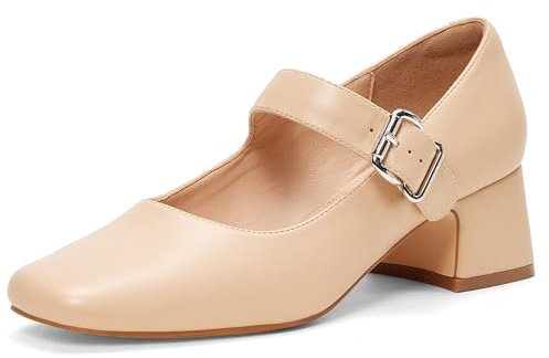 GENSHUO Zapatos Mary Jane de Tacón Bajo y Grueso para Mujer con Punta Cuadrada Cerrada y Correa en el Tobillo, Vestido de Oficina e Iglesia, Beige, 39 EU