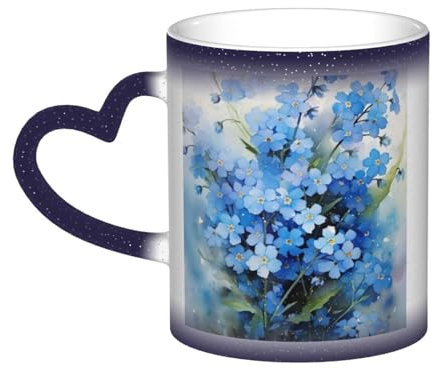 Tasse, Keramik-Kaffeetasse mit Farbwechsel, Teetasse für Küche, Restaurant, Büro, 330 ml,Aquarell-Vergissmeinnicht-Blumen