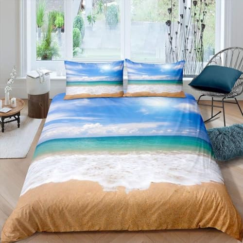 Tizhweqo Strand Bettwäsche 220x240 Hawaii Bettwäsche Set Weiche Mikrofaser 3D Druck Tropische Insel Bettbezug Set mit Reißverschluss Bettbezüge und 2 Kissenbezug 80x80 cm D1805