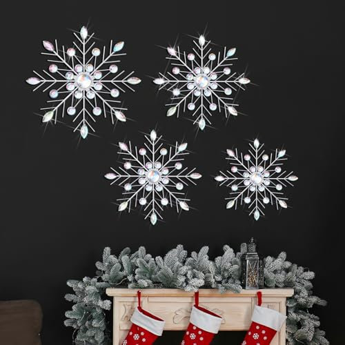 Hicarer 4 Stück 30,5 cm 25,4 cm 20,3 cm Schneeflocke Metall Wandkunst Strasssteine 3D Dekor Weihnachten Silber hängende Metallkunstwerk Wanddekoration Glitzer Handwerk Schneeflocke Dekorationen für