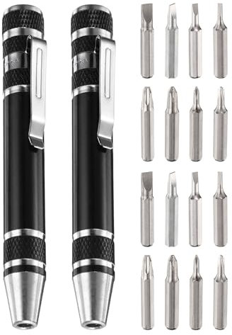 sourcing map 2pcs 8 in 1 Mini Pocket Pen Screwdriver Set CR-V Multi-Function Small Magnetic Screw Driver with Phillips and Flat Head Bits for Computer Eyeglasses, Black
