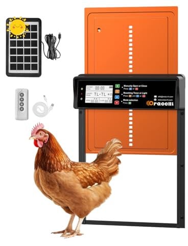 Hühnerklappe Solar,Aluminum Automatische Hühnerklappe,Hühnerklappe Hühnertür mit Wasserdicht Großes Display,Lichtsensor, Fernbedienung, Anti-Pinch, Timer für Sichere Hühnerhaltung (orangefarben)