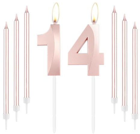 mciskin Rose Gold 14 Birthday Candles-Number 14 Candle for Cake with Long Thin Candles Set, Rose Gold Cake Topper for Girl 14th Birthday Decorations Supplies,14th Wedding Anniversary Decorations