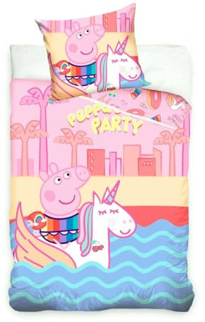 JACK Renforcé Wende Bettwäsche 2 TLG. 135x200cm Peppa Wutz Rosa Einhorn Peppa's Party Bunt Rosa Knopfleiste