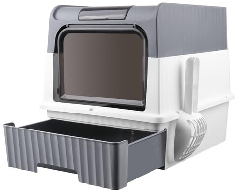 Maison de Toilette pour Chat,Bac à Litiere Chat Autonettoyante,Bac à Litière Fermé Compartiment Inférieur Amovible pour Un Nettoyage Facile-49 * 37 * 35 cm-Gris