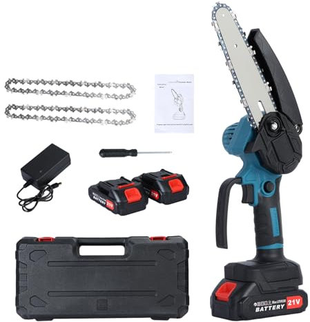 Mini tronçonneuse sans fil de 6 pouces avec 2 batteries, mini scie à chaîne électrique avec verrouillage de sécurité, petite tronçonneuse portative (Bleu)