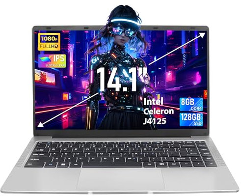 Amita 14 Silver Laptop FHD IPS Display Celeron J4125 8GB DDR4, 128GB SSD Laptop Notebook, [Win 11 Pro&Office 365] Ultra-Thin|180° Opening|USB3.0|BT, Perfect for Study, Work (128G)
