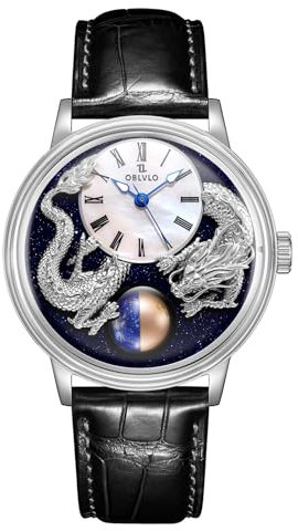 OBLVLO Top Luxus 3D Doppel Chinesische Loong Kalbsleder Automatikuhr für Herren Wasserdicht Mechanische Klassische Uhren SCM-Drag, SCM-DRAON-YWBL, Tendência