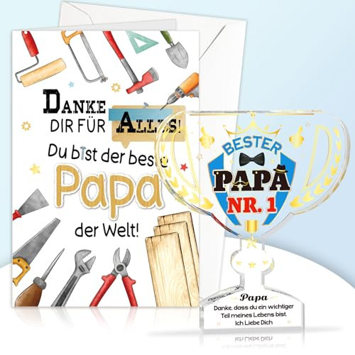 DPKOW Vatertagsgeschenk Geschenk Papa Acryl Heimat Deko Karte mit Umschlag, Pokal Dekoschild Bester Papa Geburtstagsgeschenk Karte Vatertag Männertag Geschenk PAPA Weihnachten