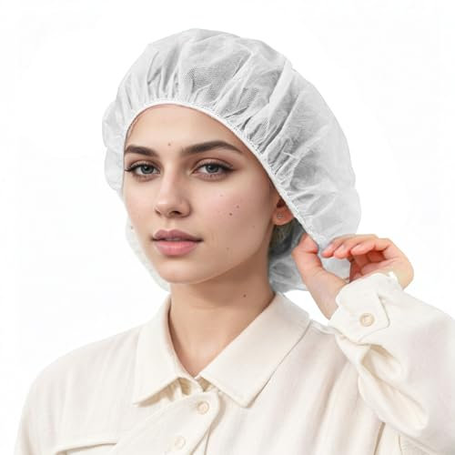 Chovbe Einweghaarnetz 21 – 100 Stück Haarnetze aus Vliesstoff, Doppeltes Elastisches Band, Atmungsaktive Barretthauben für Küche, Lebensmittelindustrie & Hygiene (Weiß)