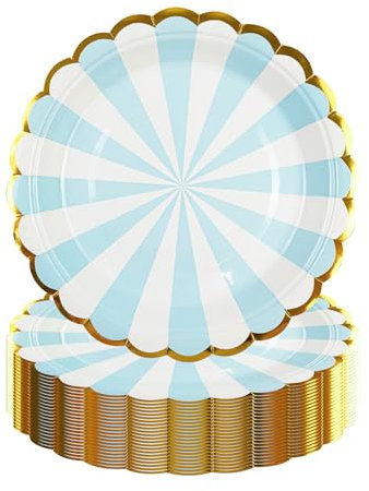 DHAIQC 50 Pcs Blue Party Paper Plates 7-Inch, Disposable Paper Plates with Gold Foil Scalloped Edge, Birthday Party Tableware for Picnic, Happy Birthday, Wedding, Party Supplies (Blue)