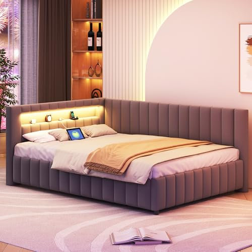Oxtao Polsterbett 140x200 mit LED und USB-Anschluss, Bettgestell mit Lattenrost,Tagesbett Schlafsofa Samtstoff Bettsofa Gästebett Jugendbett, ohne Matratze (Grau)