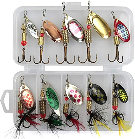 huaaiji 10Pcs Spinner Bait Set Multi Colored Fishing Spinners Lures Baits Fishing Lures with Box for Trout Salmon Bass