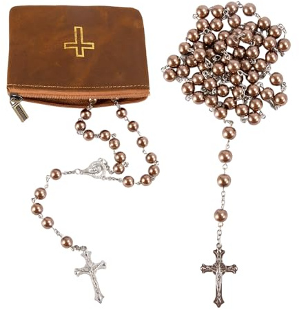 YWYHHM Rosary Beads Necklace with Leather Rosary Pouch Holder for Women,Gifts for Women,Small Pouch with Zipper and Gold Cross Imprint