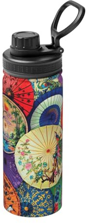 Oil Paper Umbrellas Insulated Water Bottle with Handle 18oz, Stainless Steel Sports Bottle for School & Travel