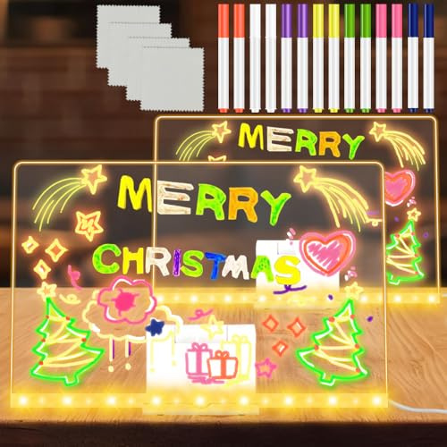 HuaMuDM 2 LED Notiztafel mit Farben,30x20cm Leuchtendes LED Zeichenbrett | 12 Farbige Stifte und 2 Ständer,Abwischbar,Acryl Notiztafel,Café,Büro,Schule,Zuhause