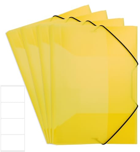 4 Sammelmappe A4, Postmappe aus Kunststoff Transluzent Dokumentenmappe | Eckspannermappe mit Gummizug und Innenklappen Dokumentenmappe für Schule Büro Zuhause (Gelb, mit Aufkleber)