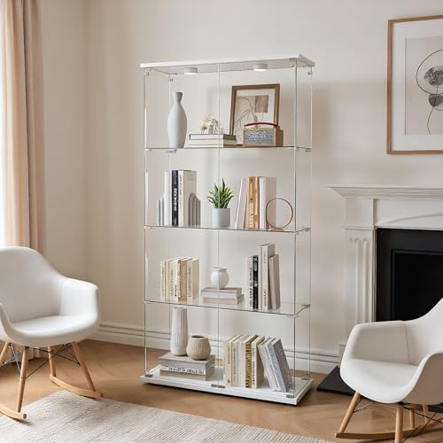 TIMORWTF Vitrine aus Glas mit LED-Lichtern, moderner Vitrinenschrank mit 4 Einlegeböden und 2 Türen, Wandvitrine für Sammlung, für Schlafzimmer, Wohnzimmer und Esszimmer, Weiß
