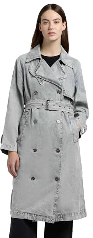 khujo Damen lange Übergangsjacke Denim Mantel in Jeans-Optik mit Taillengürtel und Gehschlitz Enza XS-XXL