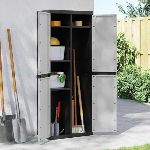 SooIarix Gartenschrank Grau und Schwarz 65x37x165 cm, robuster Geräteschrank aus PP mit verstellbarem Einlegeboden, abschließbar für Garten, Balkon, Terrasse