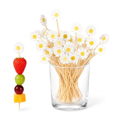100 pinchos de cóctel de primavera, margaritas, palillos de madera, 12 cm, flores, decoración para queso, para fiestas, cócteles, frutas, hamburguesas