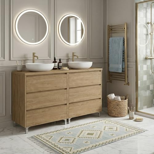 SANIVERRE Meuble Double Vasque à Poser L. 120 cm sur Pied 6 tiroirs Chêne Naturel Collection Salle de Bain LISBONA - sans Colonne