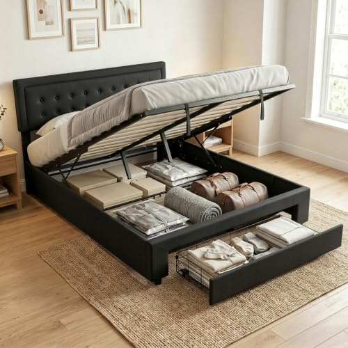 HOMCOM Upholstered Ottoman Bed with Storage Drawer 5ft King Black | Adjustable Headboard, Gas Lift End Opening, Wooden Slats, Bed Frame, No Mattress