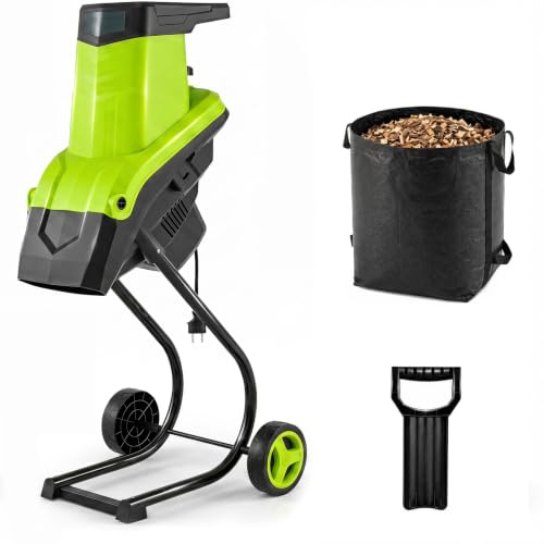 HOMASIS Broyeur Vegetaux et Branches 2500W, Ratio de Broyage 21:1, Déchiqueteuse Végétaux 45mm avec Sac Ramassage 50L et Poussoir, Machine Broyeur de Bois avec Roues pour Jardin (Vert)