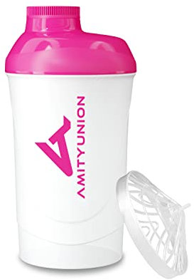 AMITYUNION Frauen Protein Shaker 800 ml Pink Weiß Deluxe - ORIGINAL Eiweiß Shaker auslaufsicher - BPA frei mit Sieb, Skala für Cremige Whey Shakes, Gym Fitness Becher für Isolate, Sport Getränke