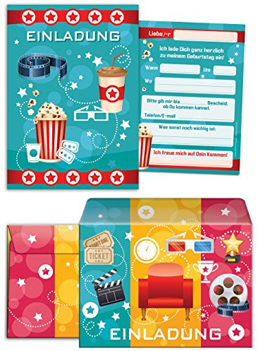 JuNa-Experten 12 Einladungskarten incl. 12 Umschläge zum Kindergeburtstag Mädchen Jungen Kino-Party/bunte Einladungen zum Geburtstag