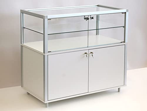 MHN Halbhohe Glasvitrine T 42,5 x B 79 x H 95 cm - breiter Vitrinenschrank abschließbar - Flache Alu-Glas Glasvitrine - LED-Beleuchtung