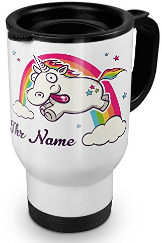 printplanet® Thermobecher weiß mit Namen personalisiert - Motiv Verrücktes Einhorn individuell gestalten - Coffee to Go Becher, Thermo-Tasse